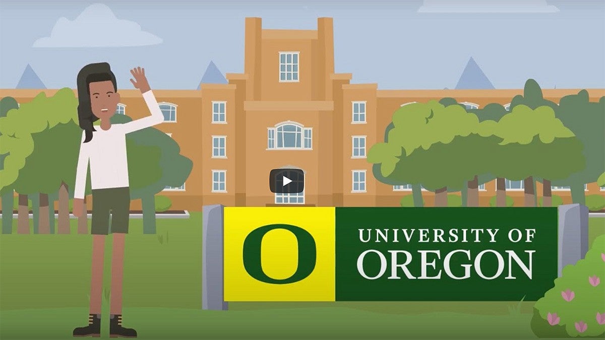 still from video showing animated person standing next to UO sign in front of building